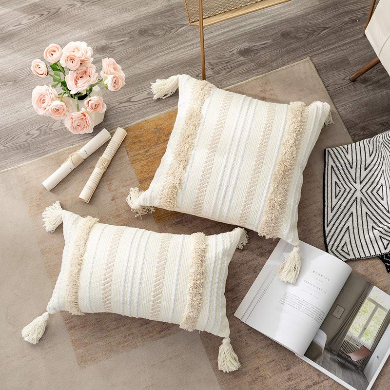 OJIA Lumbar Decorative Boho Throw Pillow Cover, 12 x 20 Farmhouse Cute Pillowcase Minimalist Neutral Collection Cream White Tufted with Tassels Woven Cushion Cover for Sofa Couch Bedroom Living Room - Image 3